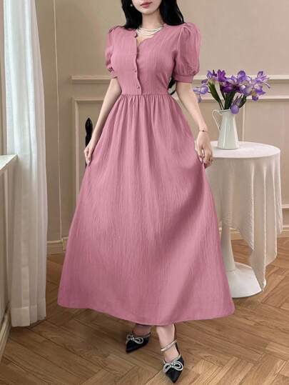 Feyla 女式优雅纯色泡泡袖连衣裙