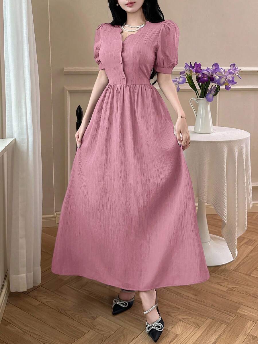 Feyla Women's Elegant Solid Color Puff Sleeve Dress