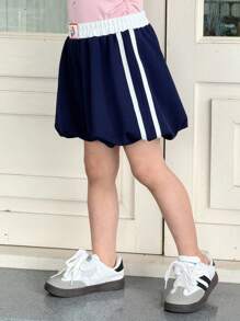 SHEIN Young Girls' Color Blocking Waist Floral Shorts, Casual Daily Wear - Blue and White - View 6
