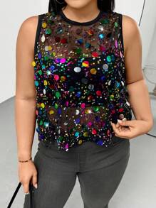 Auralis Top sans manches élégant et confortable pour femmes grandes tailles, printemps et été, avec sequins brillants colorés, noir, transparent, sexy, Y2K, pour sortir, pour femmes en club, pour le rave festival, streetwear pour femmes, Top perlé, été européen, concert pour femmes, concert country