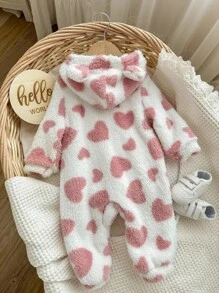 Pelele con capucha con estampado de corazón esponjoso para bebé recién nacida, otoño/invierno