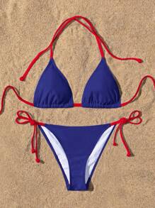 Swim Vcay Bikini de verano de estilo vacacional con corte de contraste y lazo en el cuello para mujer