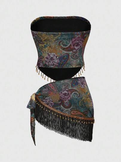 Hippie 2 pièces Ensemble de tenue de vacances pour femmes - Top bandeau à franges imprimé noix de cajou et jupe mi-longue fendue sur le côté