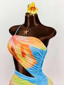 Amplova One Shoulder Two-Tone Big Floral Print Drawstring Tie Bodycon Mini Dress