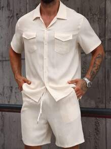 Manfinity Homme Men's Casual Solid Color Summer Cargo Pocket Short Sleeve Shirt & Shorts Set