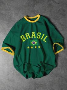 Manfinity Homme Manfinity Hypemode 男士拼布 T 恤，绿色和黄色巴西足球运动元素和字母印花图案，撞色拼布短袖 - 彩色 - 查看 2