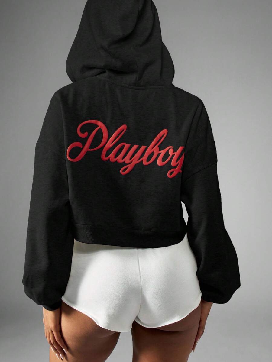 Missguided x Playboy 短款拉链连帽衫优质羊毛家居服秋冬装运动衫跑步休闲 - 黑色 - 查看 1