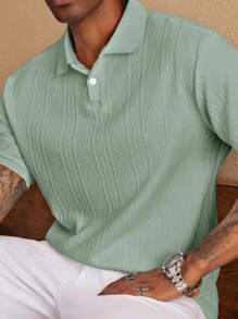 SHEINxLarissa&André Manfinity Homme Manfinity Men's Textured Design Polo Shirt - Green - View 2