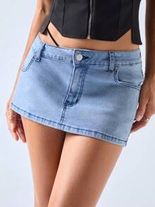 LYSMO 女式休闲水洗不对称口袋迷你牛仔裙，夏季 - 藍色 - 查看 4