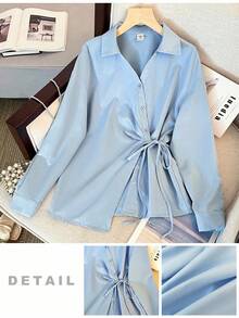 SHEIN 少女浅蓝色 V 领露肩衬衫，修身款不对称腰长袖衬衫女士衬衫浅蓝色衬衫青少年衬衫系带前衬衫淡蓝色衬衫女士浅蓝色衬衫女士系带前衬衫浅蓝色衬衫少女浅蓝色上衣淡蓝色纽扣衬衫 - 藍色 - 查看 9