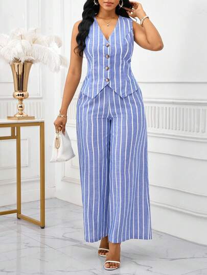 SHEIN Lady 蓝白条纹面料女士优雅无袖背心和裤子套装，商务通勤风格，夏季女式两件套女士两件套条纹两件套女士两件套夏季女式度假装套装裤装夏季套装女士休闲