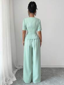 Elenzga New Stylish French Design Women 2 Pieces Set, Slim Fit Blouse With Square Collar And Wide-Leg Trousers, Spring/Summer