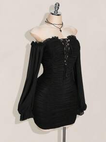 SHEIN ICON 加大码黑色 Y2K 性感灯笼袖露肩褶饰连衣裙，节日装扮，夏季度假风，波西米亚风连衣裙