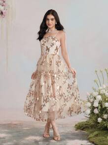 SHEIN MOD 女士蝴蝶亮片荷叶边下摆奢华吊带中长连衣裙 - 彩色 - 查看 3