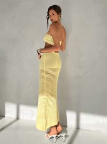 Aloruh 2pcs Women Set - Solid Color Elegant Beachwear Vacation Knitwear Sexy Perspective Butter Yellow Suit Can Be Worn With Bikini Front Tie Cropped Tube Top And Knitted Midi Skirt - Yellow - View 4
