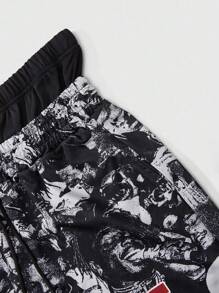 ROMWE MEN Street Life Pantalones cortos deportivos para hombre con estampado de nombres de ciudades urbanas y ramas de árbol sin hojas, de marca, aptos para uso diario, primavera y verano - Negro - Ver 7
