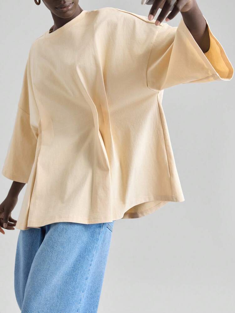 Women's Cream Yellow Mid-Length Sleeve Oversized Pleated Casual Minimalist Drop Shoulder T-Shirt, Suitable For Teachers, Urban Business Casual, Office Wear Women Oversized T-Shirt