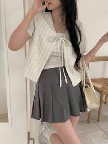 DAZY Women's Summer Textured Fabric Drawstring Plaid Short Sleeve Cropped Lightweight Casual Jacket - White - View 3