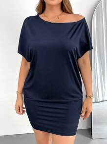 SHEIN Essnce 女士加大码夏季连衣裙。黑色休闲连衣裙，露肩连衣裙，单肩连衣裙，女士夏季连衣裙，休闲连衣裙，露肩连衣裙，黑色迷你连衣裙，外出连衣裙 - 藏蓝色 - 查看 5