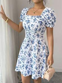 Rafferiza 女式碎花方领泡泡袖荷叶边装饰束腰中长连衣裙 - 藍白色 - 查看 4