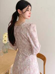 DAZY Women Floral Print Pleated Puff Sleeve Split Hem Midi Dress