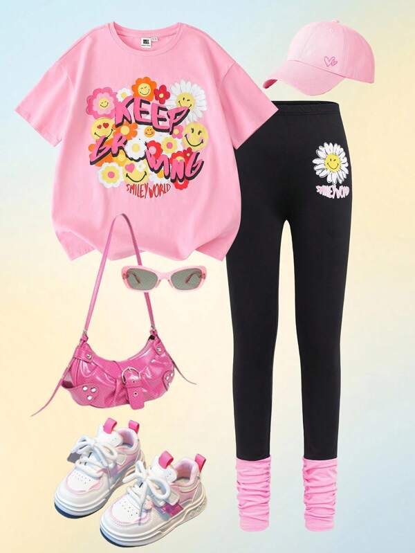 SmileyWorld® | SHEIN 2pcs/Set Tween Girls Summer Cartoon Floral Daisy & Face Print Loose Drop Shoulder Short Sleeve T-Shirt And Tight Contrast Color Leggings
