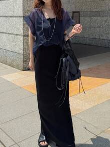 FRIFUL Women Mesh Ruffle Hem Loose Layered Casual Summer Tops, Beach Wear