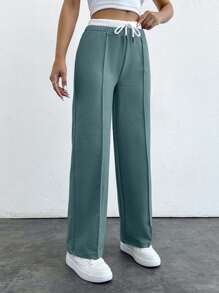 SHEIN PETITE Pantalones rectos de cintura con contraste de color versátil informal