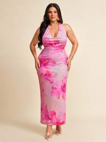SHEIN BAE Váy đi biển in hoa hở lưng cỡ lớn cho nữ, Váy in hoa cổ bồng, Xuân/Hè - Hồng - Xem 6