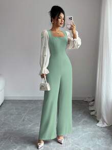 Modelyn Women's Mixed Material Patchwork Bow-Knot Jumpsuit - Green - View 5