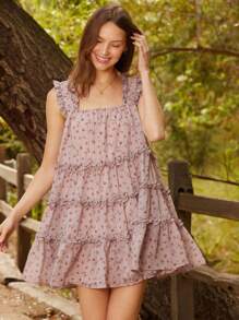 WESTFADE Robe mini babydoll vaporeuse à col carré avec volants et volants, imprimé floral marguerite, style bohème, cowgirl et de plage pour l'été - Rose bonbon - Voir 1