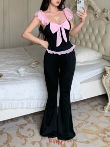 SHEIN 浪漫优雅撞色蝴蝶结荷叶边女士睡衣套装 - 黑色 - 查看 7