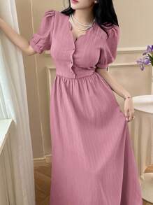 Feyla Women's Elegant Solid Color Puff Sleeve Dress - Pink - View 5
