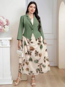 Modelyn 加大码紫色翻领马甲和花卉印花长裙套装，配珍珠纽扣，优雅正式服装两件套