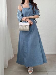 FRIFUL Women's Summer Short Sleeve Zip Front Pocket Top And Denim Skirt Casual 2-Piece Set - Medium Wash - View 2