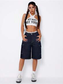 SHEIN ICON 女士休闲翻盖口袋宽松牛仔短裤，夏季