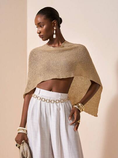 Zivah New Summer Casual Vacation, Street Daily Date, Birthday Party, Travel Season, Cruise Party, Beach Party, Sexy Y2K Swing Neck, Asymmetrical Shoulder Design, Casual Summer Shirt, Knitted Multi-Functional Cape, Shawl Cape, Khaki See-Through Sweater, Women's Knitted Top Scarf Top  Crop Top Poncho Top Cape Top Sheer Top