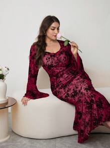 Modelyn Vestido de cola de sirena con mangas de campana elegante de encaje talla grande para primavera/verano - Rosa Fucsia - Ver 5