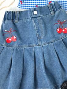 2 件套青春期前女童蓝色格纹樱桃印花细肩带上衣搭配蓝色牛仔水洗樱桃印花褶边裙 - 藍色 - 查看 4