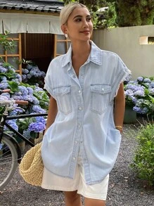 Livesso 女士休闲牛仔背心，翻领蓬松饰边，女士夹克，秋季女装 - 藍色 - 查看 4