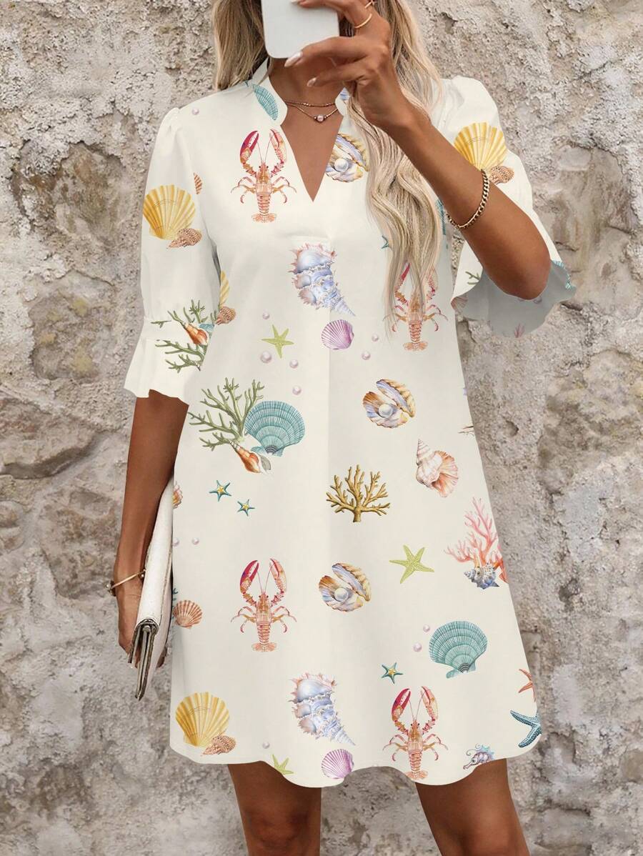 SHEIN Clasi Meeres-Muschelprint Urlaubs Kurzkleid für Damen mit Urlaubsstimmung - Aprikosenfarben - Übersicht 1