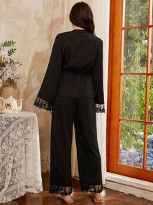 法式浪漫蕾丝拼接系带女士睡衣套装，秋冬服装