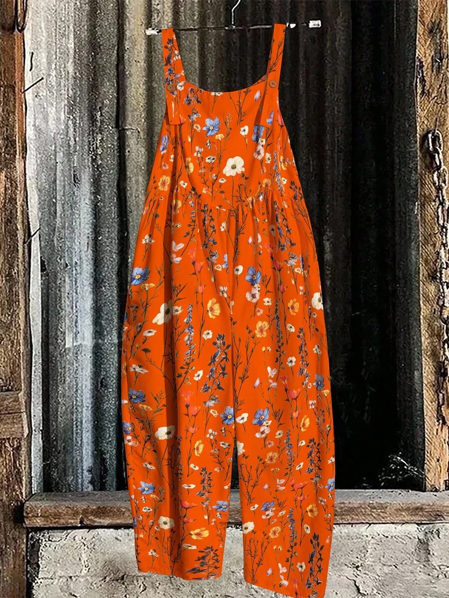 Linhara Plus Size Casual/Holiday Loose Adjustable Button Floral Digital Print Jumpsuit, Suitable For Dining, Picnic, Gatherings