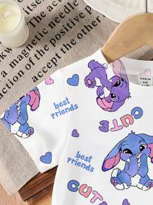 SHEIN Young Girl Casual Cute Cartoon Rabbit, Letter & Heart Print Short Sleeve Round Neck T-Shirt, Girl Toddler Summer Versatile T-Shirt - Multicolor - View 4