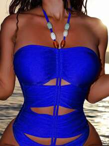 Swim Vcay Women's Summer Vacation Sexy Halter Backless One-Piece Swimsuit With Drawstring, Shiny Fabric And Beaded Decor - Royal Blue - View 3