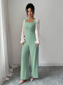 Modelyn Women's Mixed Material Patchwork Bow-Knot Jumpsuit - Green - View 4