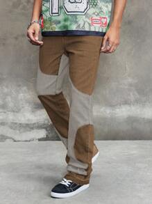 ROMWE MEN Street Life Spring Casual Graphic Men'S Casual Washed Color Block Patchwork Denim Jeans - Khaki - View 13