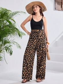 SHEIN 少女雪纺阔腿豹纹裤，休闲优雅，适合度假、休闲和百搭 - 彩色 - 查看 6
