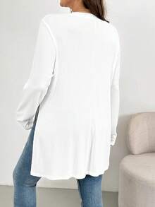SHEIN Essnce 大码女装秋冬时尚休闲宽松舒适日常保暖柔软白色开衩长袖T恤，白色上衣，秋季，简约风格，外出上衣 - 白色 - 查看 2