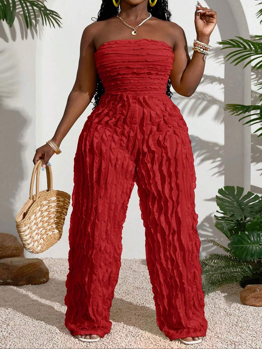 Slaydiva 夏季新品音乐节、婚礼季、复活节、西部风、游牧风、圣帕特里克节、生日派对、毕业季、学生装、日常休闲、百搭单品、休闲、邮轮旅行、海滩、日光浴、爆款、纹理、无肩带、黄色、大码女式连体裤、红色连体裤、抹胸连体裤、荷叶边连体裤、度假连体裤、红色连体裤、返校节礼服 - 紅色 - 查看 1